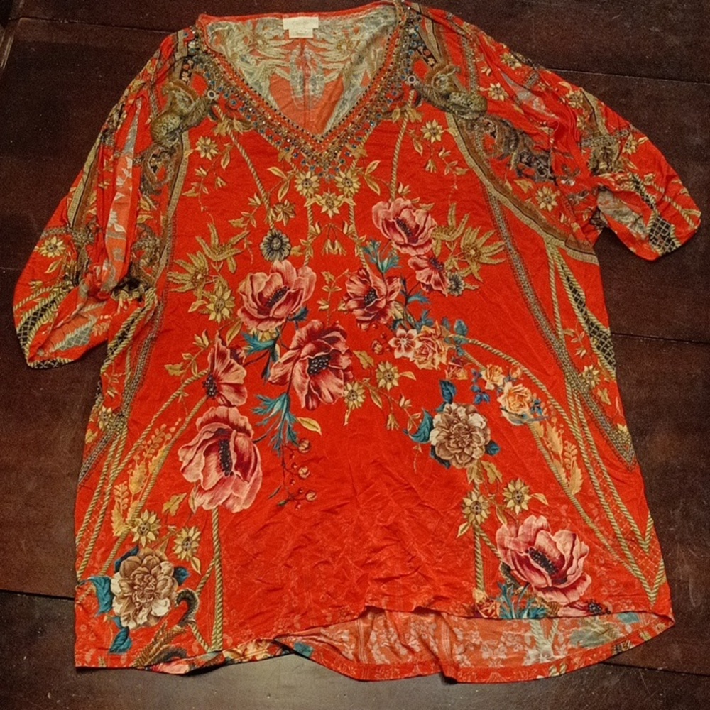 Beautiful and intricate red top/dress by Camilla size M, like new